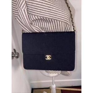 Vintage Chanel Matelasse Chain Shoulder Bag Navy cotton jersey Goldtone